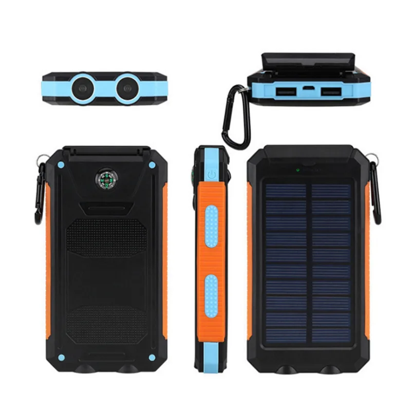

IP67 IPX6 Solar charger waterproof With Compass And LED light power bank 20000mah Waterproof Solar Power Bank, Black