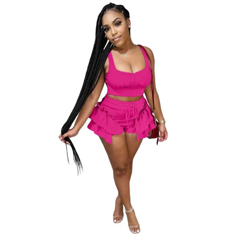 

Summer hot-selling nightclub clothes solid color fungus side strap vest shorts two-piece suit, Picture color
