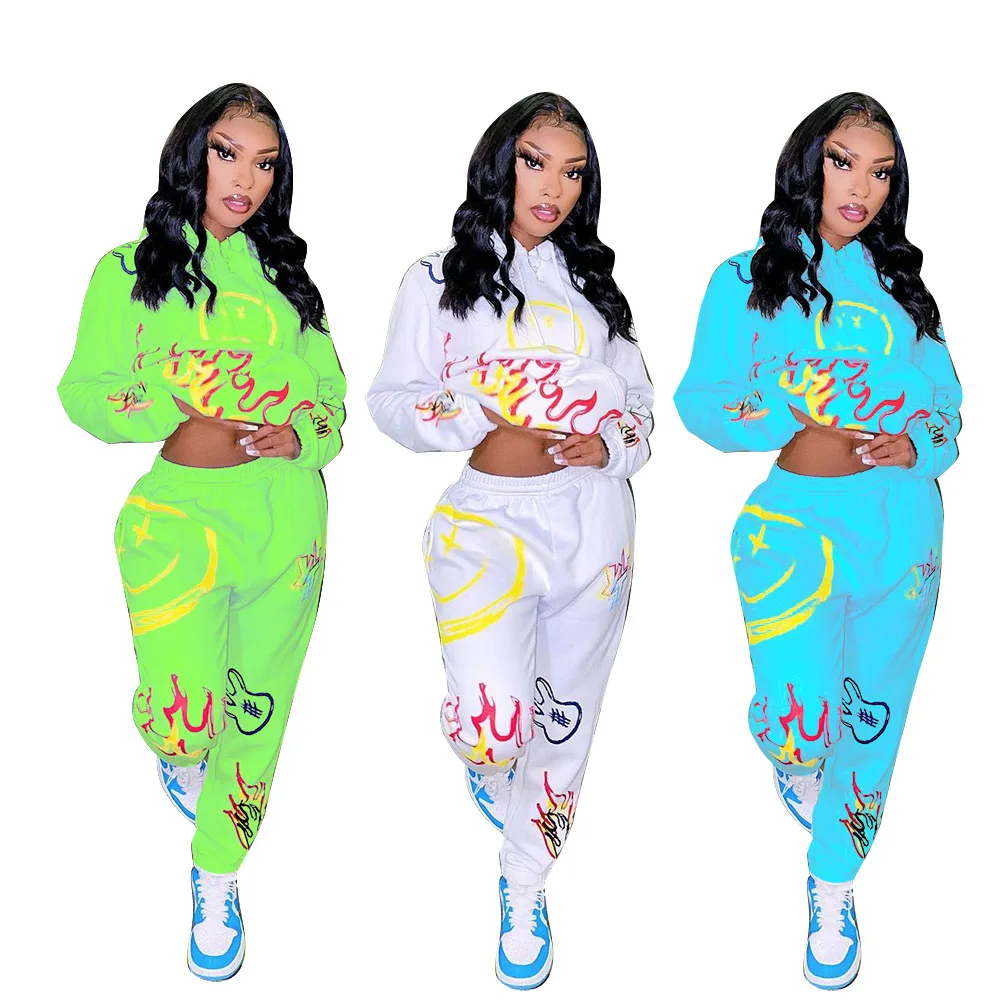 

Casual fashion hooded women's printed hoodie trouser set two pieces
