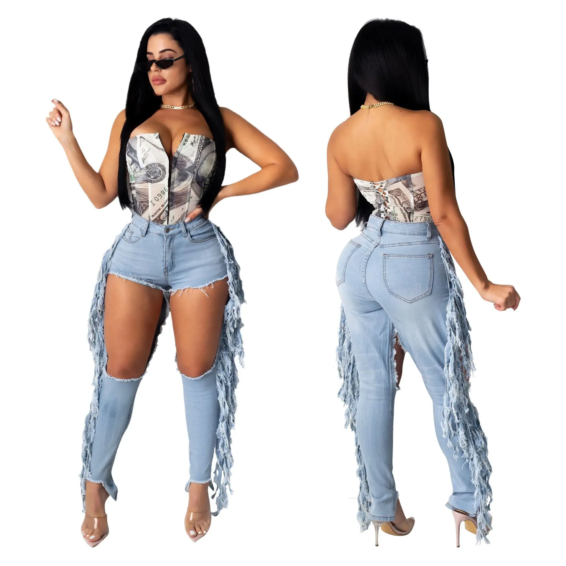 

Hot Sale Summer Stylish Casual Fashion Women Slim Fit Ripped Street Wear Chic Plus Size Denim Pants Fringe Tassel Jeans Trousers, As pictures