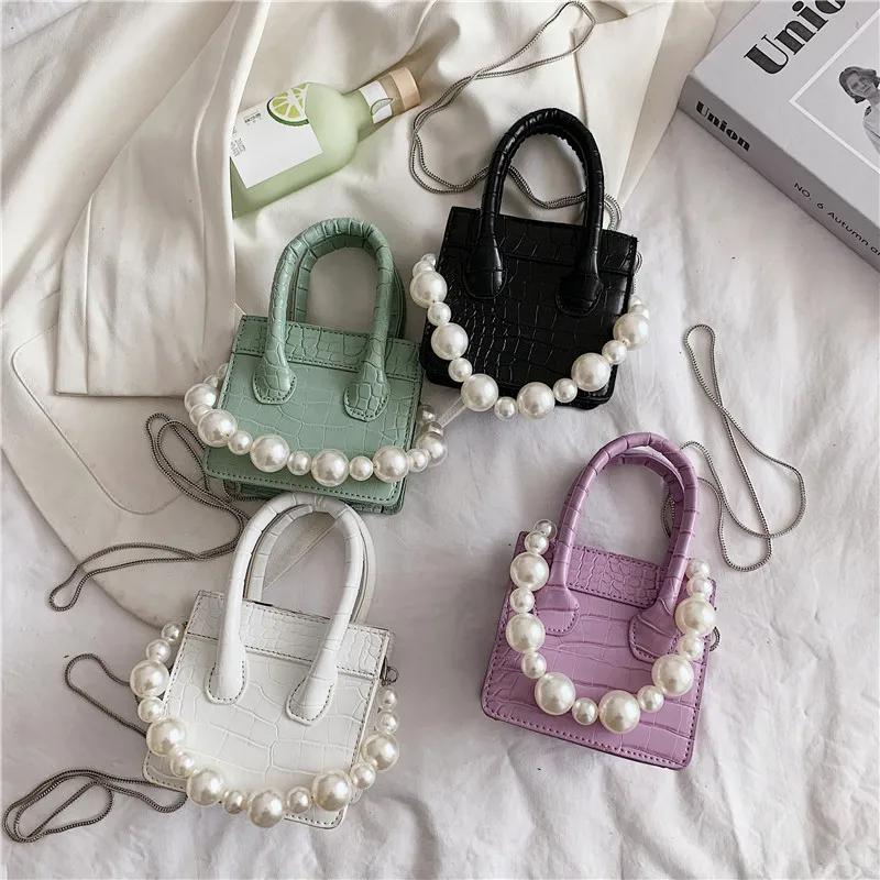 

New fashion crocodile pattern pearl chain small square bag designers handbags luxury women purse