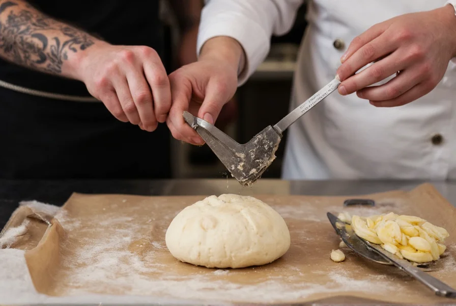 Professional baker measuring tangzhong mixture in kitchen with precise thermometer showing 140 degrees Fahrenheit