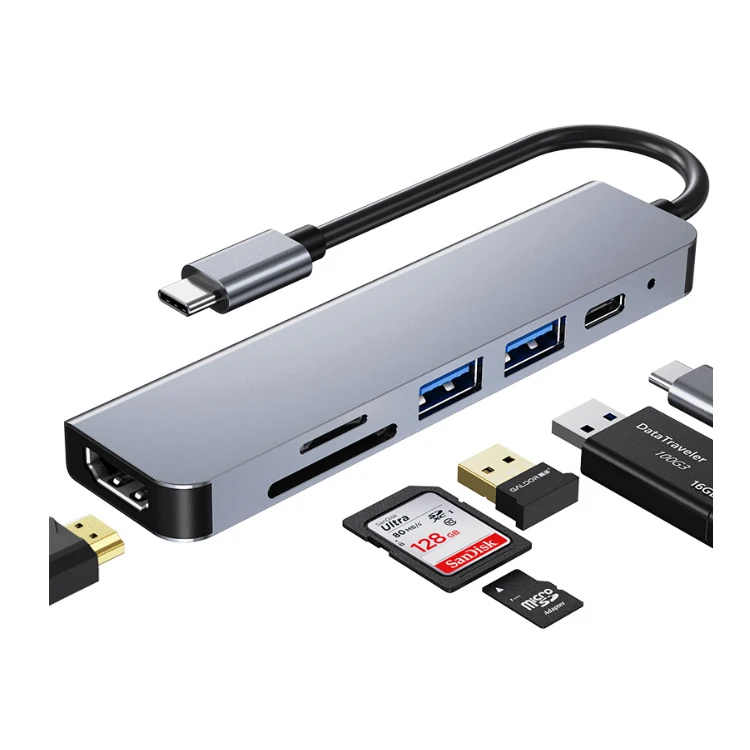 

Type C Adapter 6 in 1 Multiport High Speed USB 3.0 HD-MI 4K USB-C TF SD Card Reader PD Charging USB C Hub