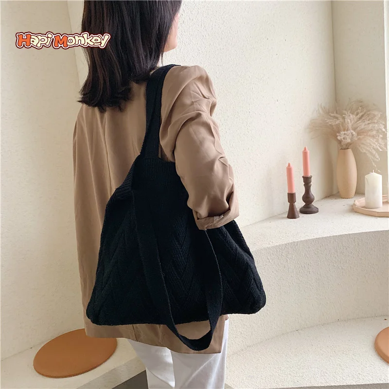 

Hapimonkey Handbag Women Wool Portable Totes Retro Female Solid-Color Casual Fashion Bag for Exquisite