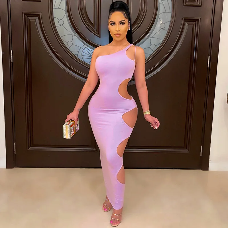 

One Shoulder Hollow Out Bodycon Dress Summer Sexy Y2K Sleeveless Women Beach Midi Dresses Party Clubwear, Shown
