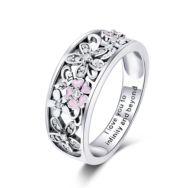 

New Personalized Ladies Ring Widen Pink Flower Pattern Zircon Sterling Silver Ring 925 Sterling Silver Ring For Woman