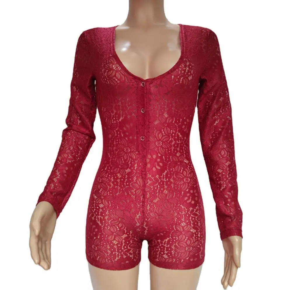 

European Hot Style Sexy Deep V-neck Lace Hollow Long Sleeve Button One-piece Shorts Tight One-piece Dress