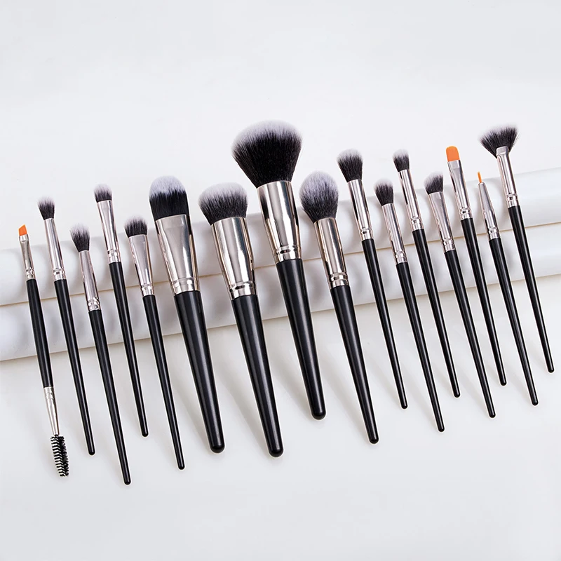 

Amazon best seller black handled 16 piece synthetic hair make up brush set 16pcs makeup brushes 16 piece 16 pcs makeup brush set, Black/brown