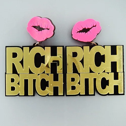 

RICH BITCH English Hop Pink letters Acrylics Statement Large Lips Hoop Earrings