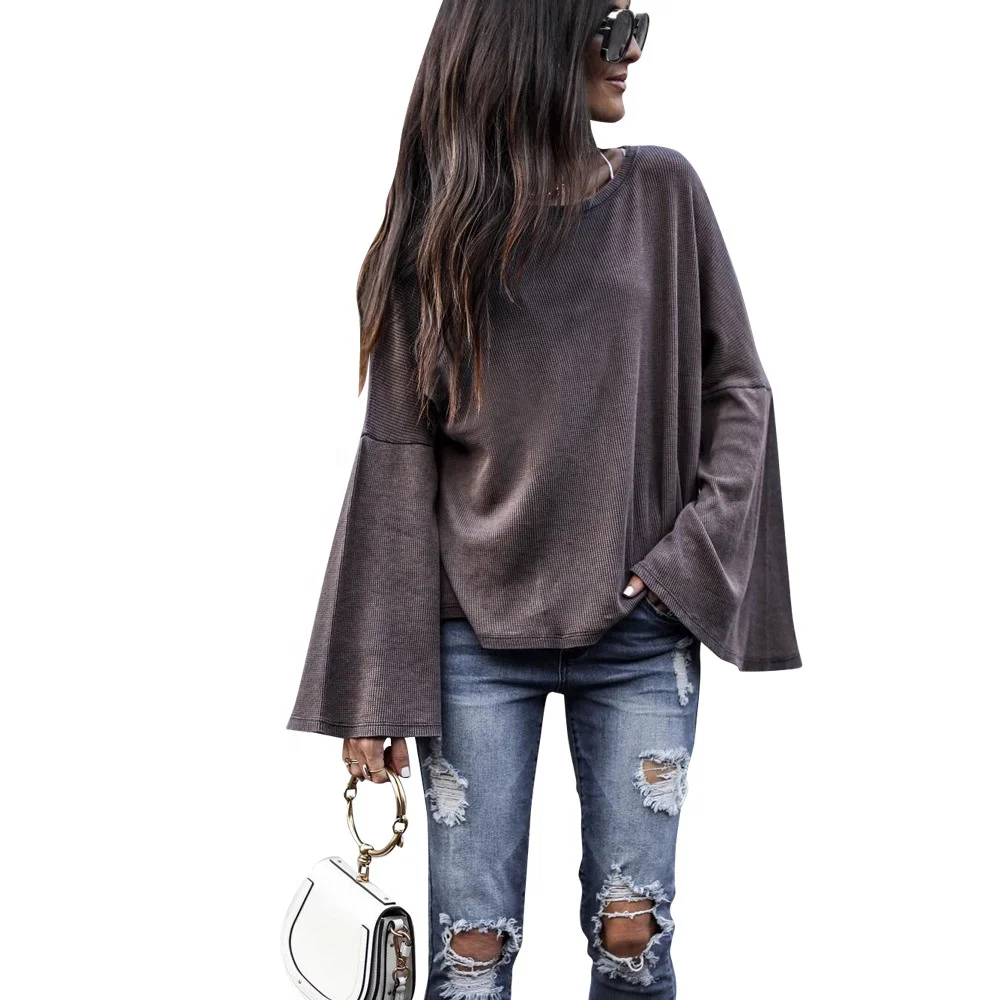 

KX-LD8229 Loose autumn hot sell halter solid color t-shirts women long flare sleeve shirts women casual