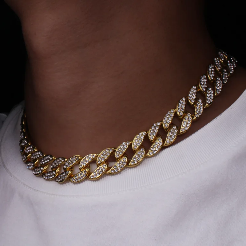 

Iced Out Bling Diamond Gold Finish Miami Cuban Link Chain Necklace Men's Hip hop Necklace Jewelry, Gold/silver