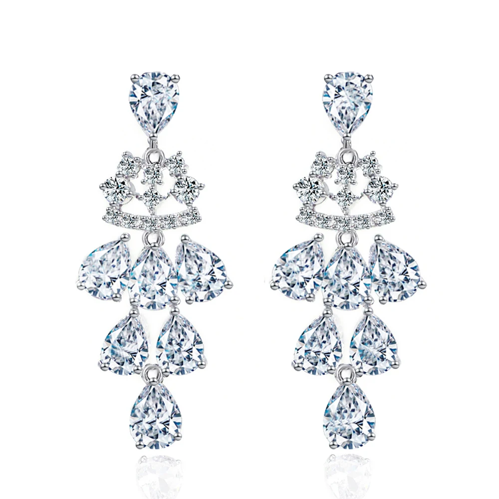 Sparkling Tear Drop White Cubic Zirconia Luxury Long Dangling Drop Leaf Wedding Earrings for Women Costume Jewelry Accessories