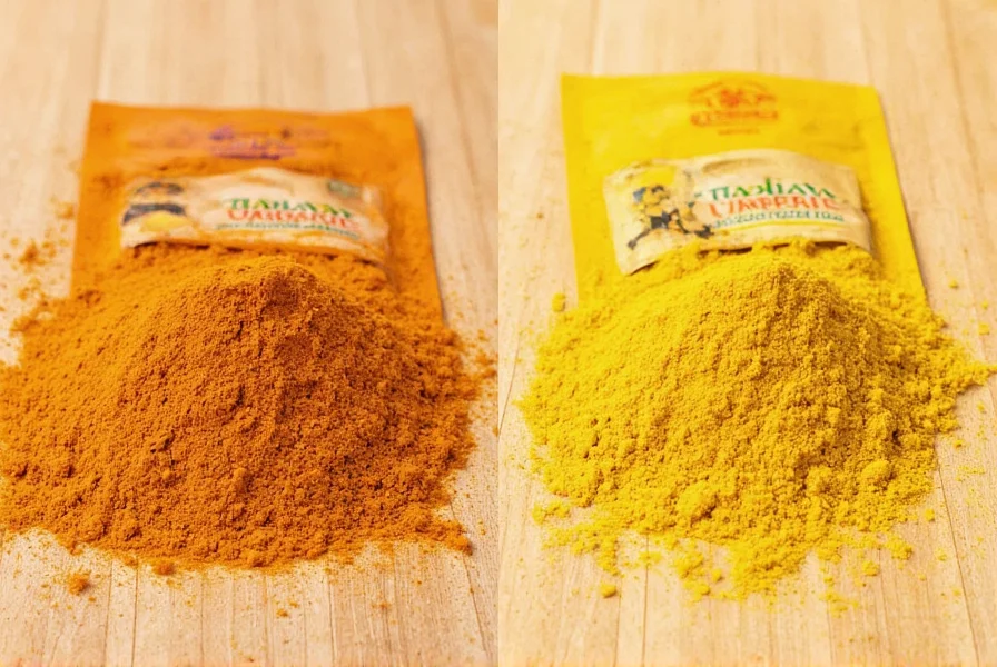 Close-up comparison of high quality versus low quality turmeric powder showing color differences and packaging details
