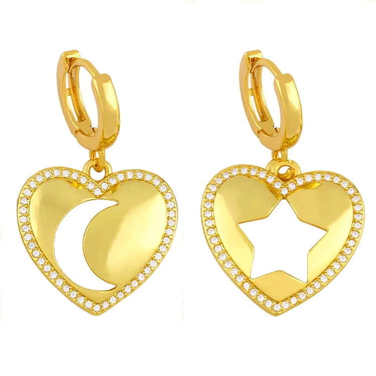 

EC1742 New Style 18k gold plated brass CZ Diamond Micro Pave Moon Star Heart Studs hoop Earring