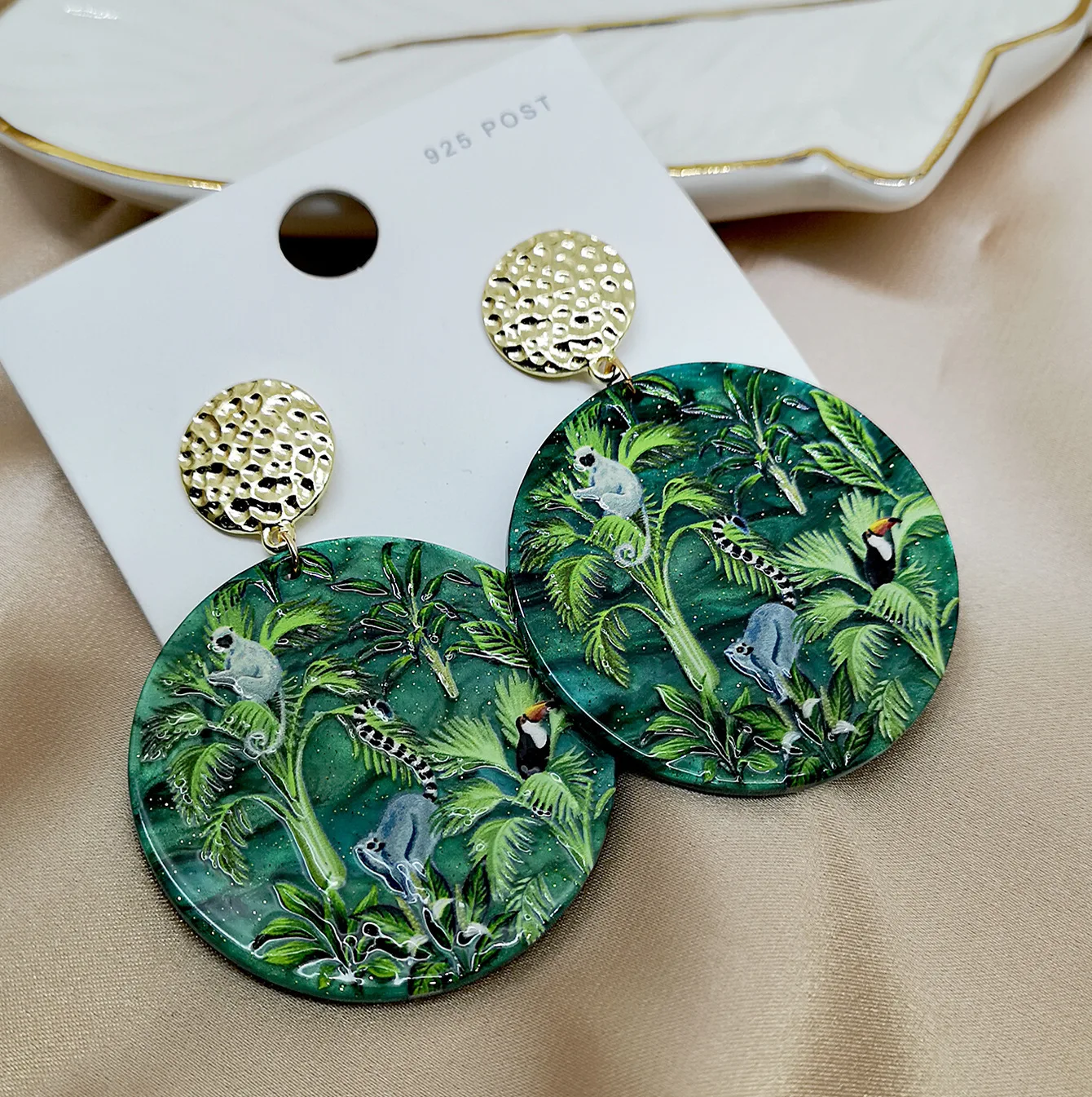 

New Design Green Rainforest Animals Plants Round Disc Drop Earrings 3D Embossed Printed Acrylic Earrings