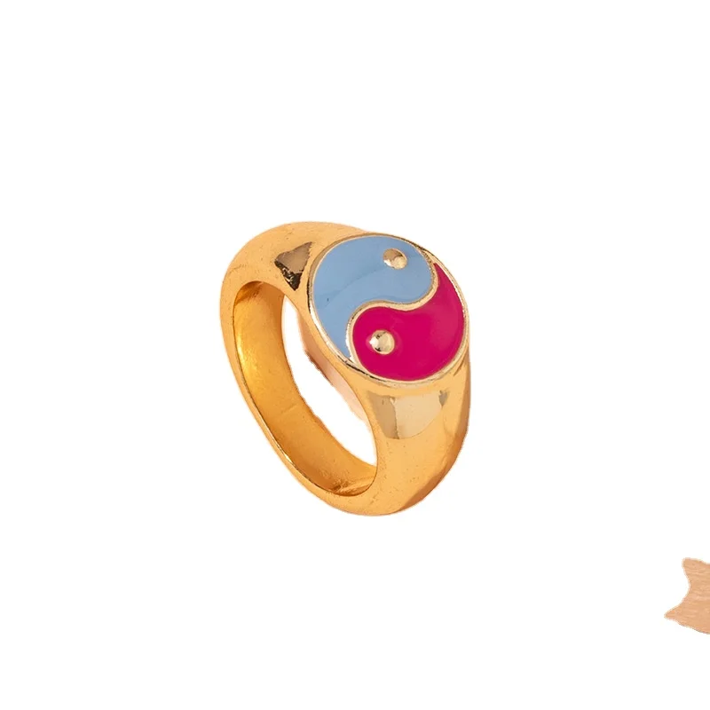 

2021 Manufacture Creative Drip Glaze Color Tai Chi Yin Yang Golden Ring For Women, Like picture