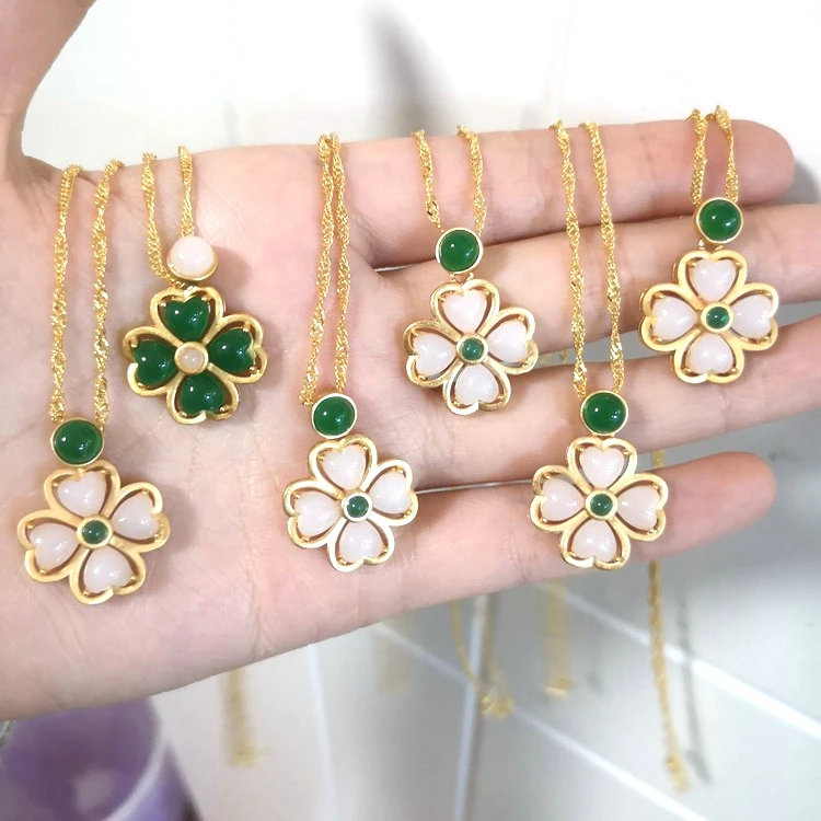 

jialin jewelry Charms Natural Gemstone Malaysian green Jade agate Stone gold jade four leaf clover pendant necklace