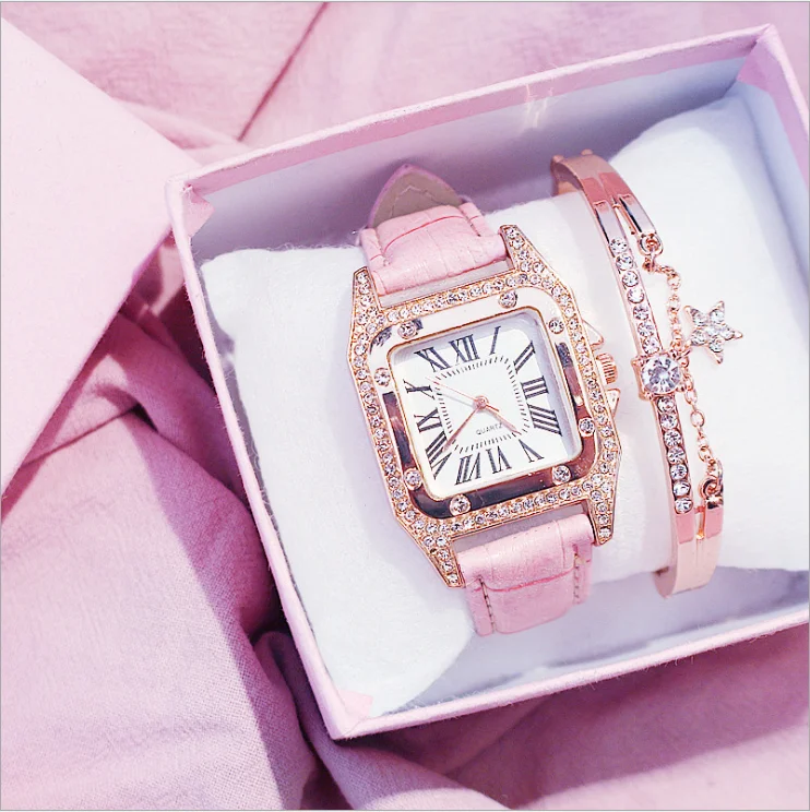 

Custom Rose Gold Mesh Strap Women Diamond Watch Square Watch