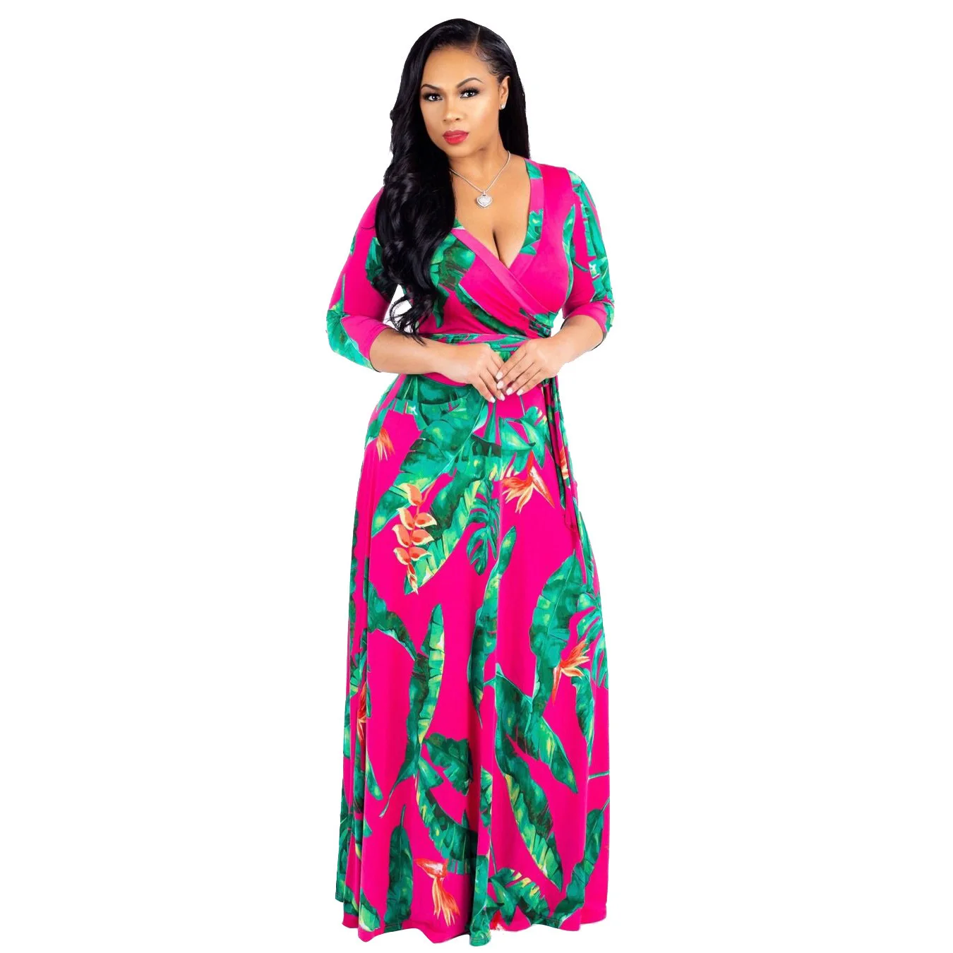 

2021 Best Selling Cheap Bohemian Deep V Neck Causal Belt Long Dress For Women, 6 colors