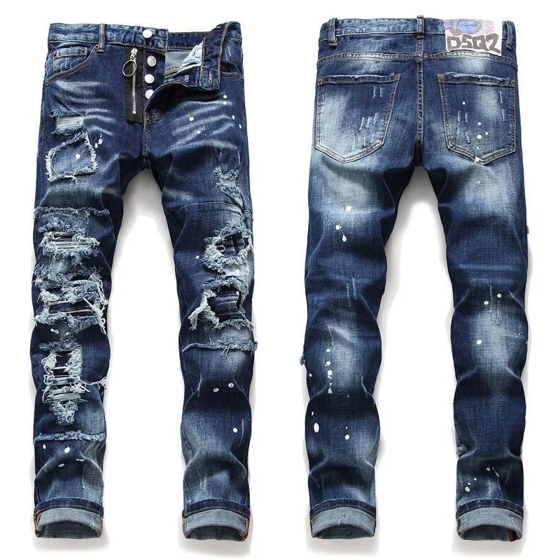 

2021 new fashion ripped stacked celana jeans pria men skinny pants distressed jeans