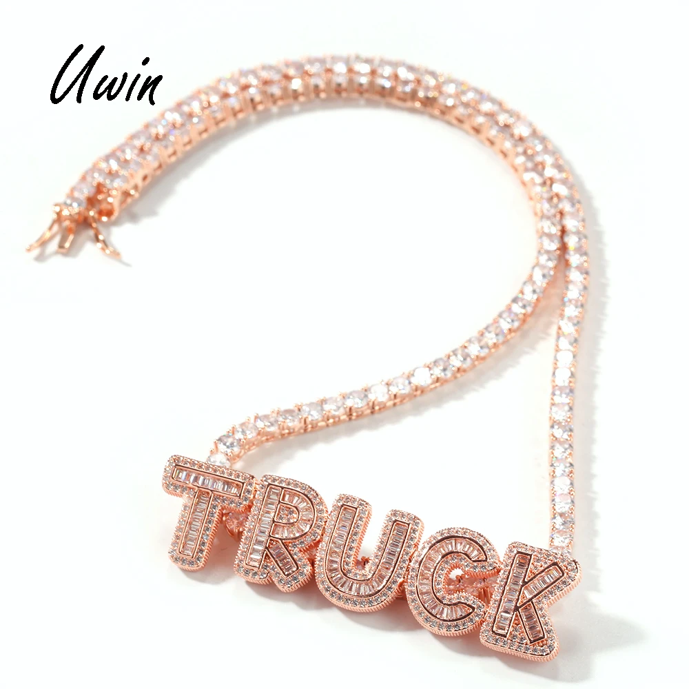 

Hip Hop Baby Pink Iced Out Small Baguette Letter Pendant Pink Tennis Chain Necklace Women Chain Personalized Jewelry
