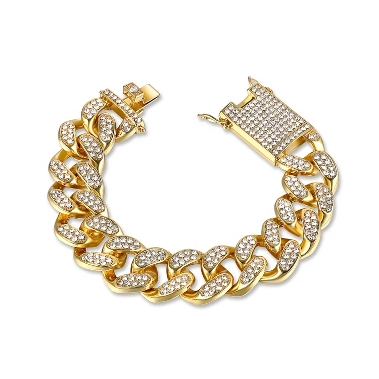 

Hips Hops Punk Rapper Jewelry 20mm Gold Plating Shining Diamond Crystal Iced Out Cuban Link Bracelet