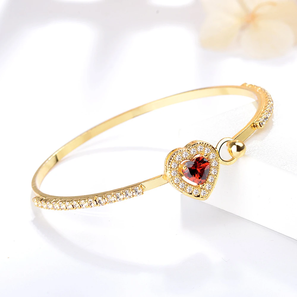 

RFJEWEL Whosesale High quality gold plated red peach heart bracelet bangle with zircon for fashion beautiful lady women