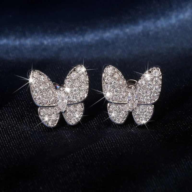 

Rhodium Plating Copper Adjustable Cute Earring Women Fashion Jewelry Silver Earings Bling Zircon Stone Butterfly Stud Earrings