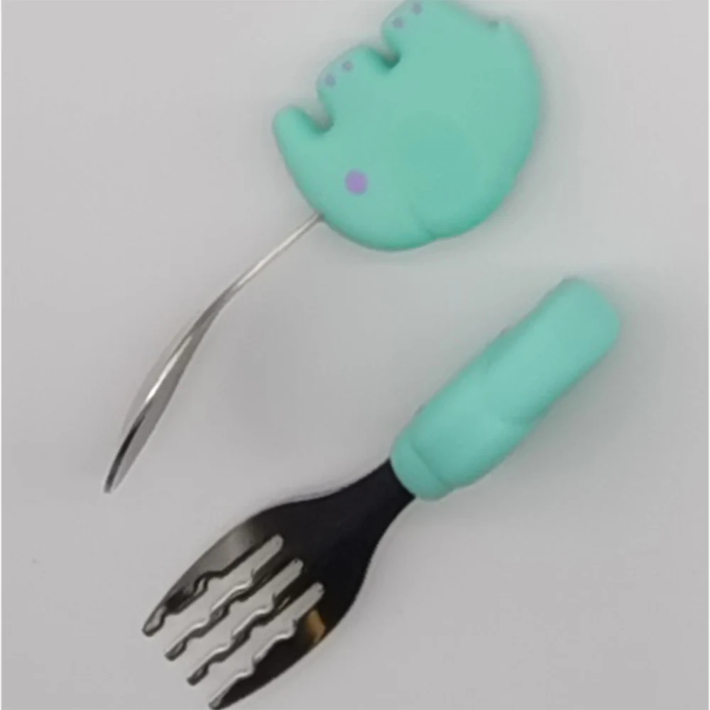 

Best Sale Elephant Silicone Toddler Kids Baby Feed Silica Gel Stainless Steel Spoon And Fork Set