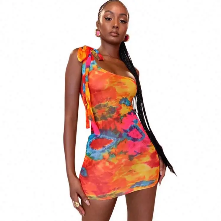 

S12473 elegant off the shoulder sleeveless tie dye sexy bodycon mini dress women