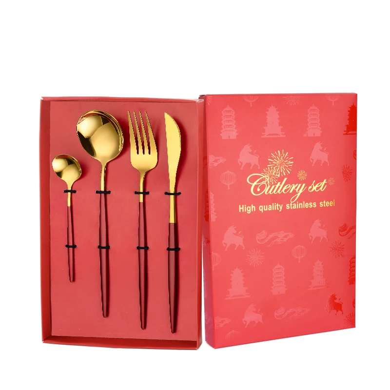 

4 Piece Wedding Cutlery Set Spoon and Forks Knives Teaspoon Stainless Steel Gold Flatware Royal Gift Box Set, Mix color