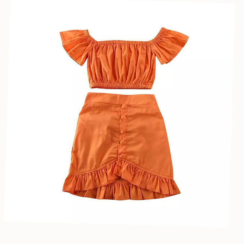 

Summer orange color off shoulder short style irregular skirts fashion little girls outfit sets, As picture show