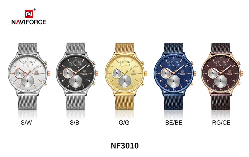 NF-3010 Men's Watch Fashion Mesh Stainless Steel Ultra Thin Simple Business Quartz Watch 3ATM Waterproof Naviforce Wristwatch