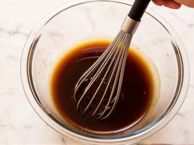 Hand whisking balsamic vinaigrette in glass bowl