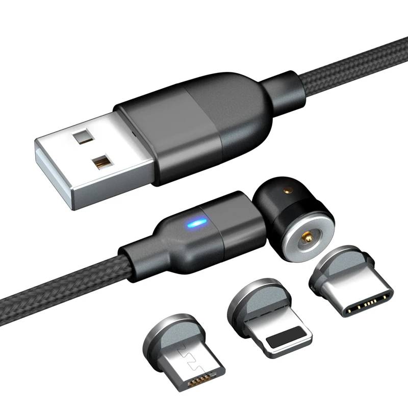 

2021 Newest Mobile Phones 540 Degree Rotate 3 in 1 Magnetic Phone Charger Charging Cable with type c, micro, i-product plug, Red /purple/black