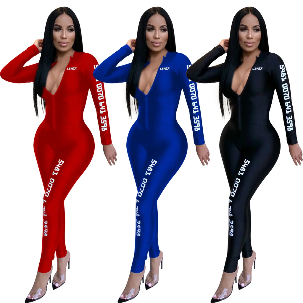 

Fashion Letter Zip Jumpsuit Ladies Sexy Skinny Jogging Sports Bodysuit Casual Pants For Women, Picture