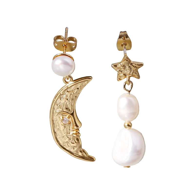 

wholesale gold plated earring jewelry moon and star asymmetric natural freshwater pearl earrings for women, 18k gold plating