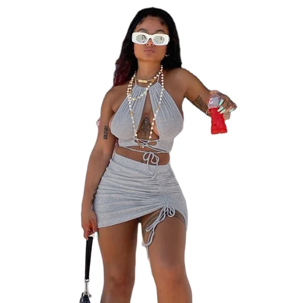 

Autumn women's new foreign trade hanging neck band hollowed-out vest drawstring short skirt set skirt summer two piece, Black