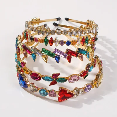 

European Baroque New Arrival Geometric Rhinestone Crystal Head Hoop Multicolor Gemstone Hairbands for Women