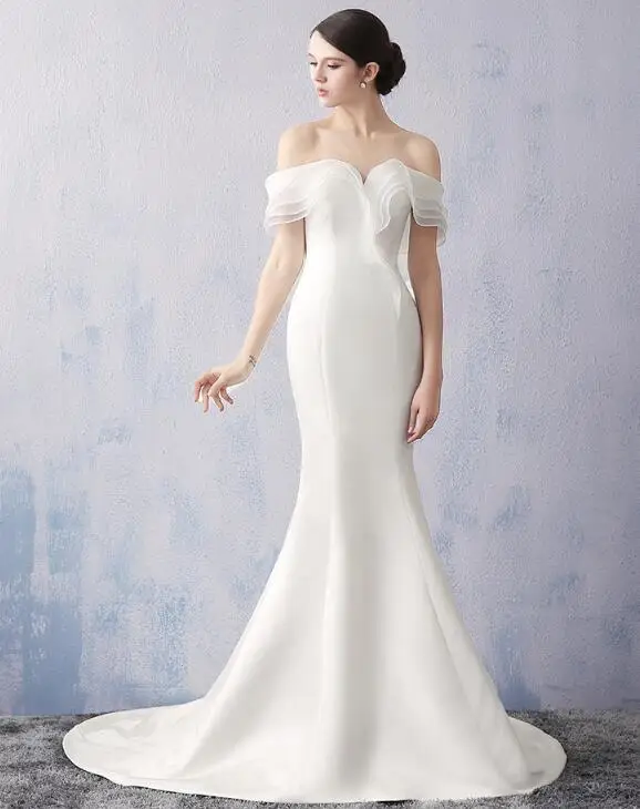 

#10013 Off-shoulder Short Sleeve Mermaid Satin Civil Wedding Dress For Wedding Occasion, Ivory
