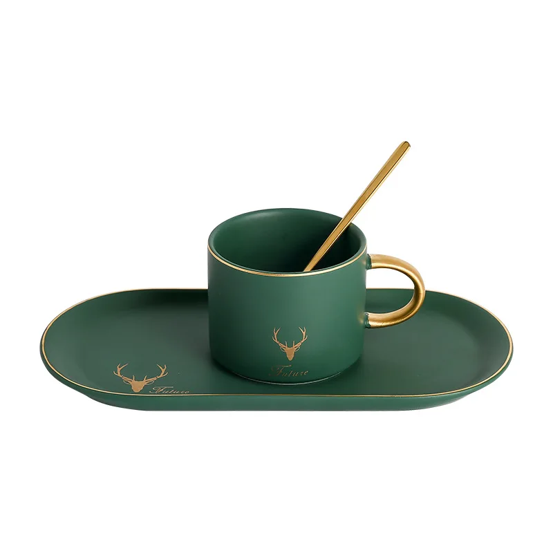 

Northern Europe Ceramic Porcelain Soup Cups Coffee Mug Tea Cups Souffle Plates and Saucer Sets Office Ceramic Mug with Spoon, As picture