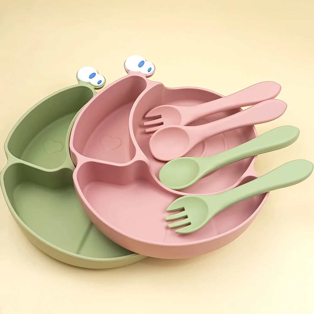 

Factory Price Food Grade Silicone Baby Plate With Cutlery Set Silicona Bebe Plato Custom Logo