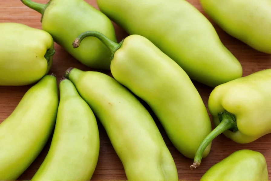 Close-up view of various light green pepper varieties including bell peppers, banana peppers, and Hungarian sweet peppers arranged on wooden cutting board