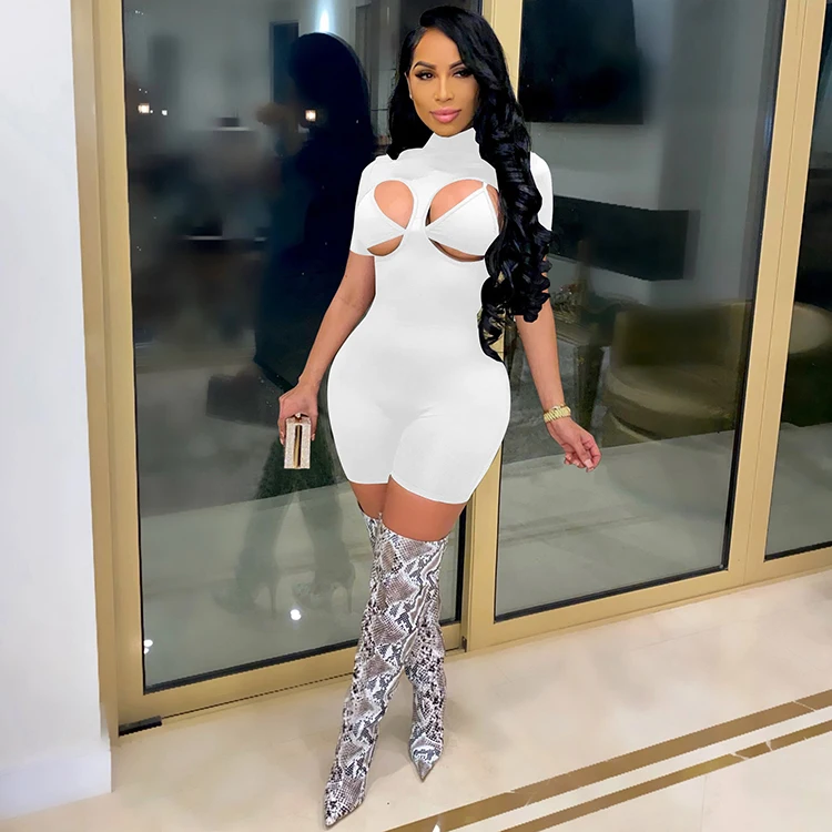 

Trendy Summer Clothing Short Sleeve Designer Sexy Rompers Women Romper Sets With Bra -PT, White,pink,red,black,fluorescent green