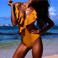 

10% Off Sexy Hot Young Girls Ruffled Halter Sling Solid Spandex Fabric Swimsuits for Women One Piece Swimwear 2019