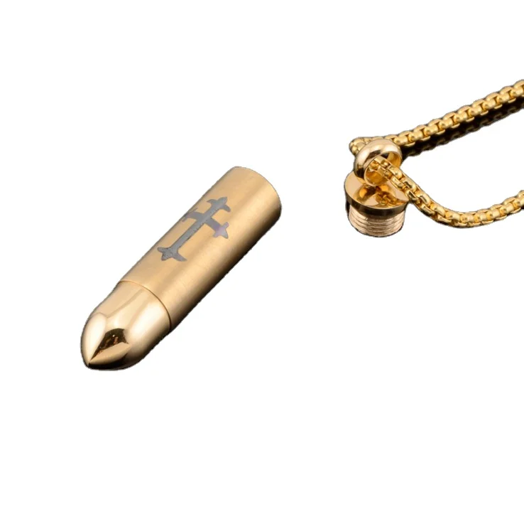 

Bullet shaped cross pattern stainless steel pendant titanium steel male and female couple can twist open perfume pendant.