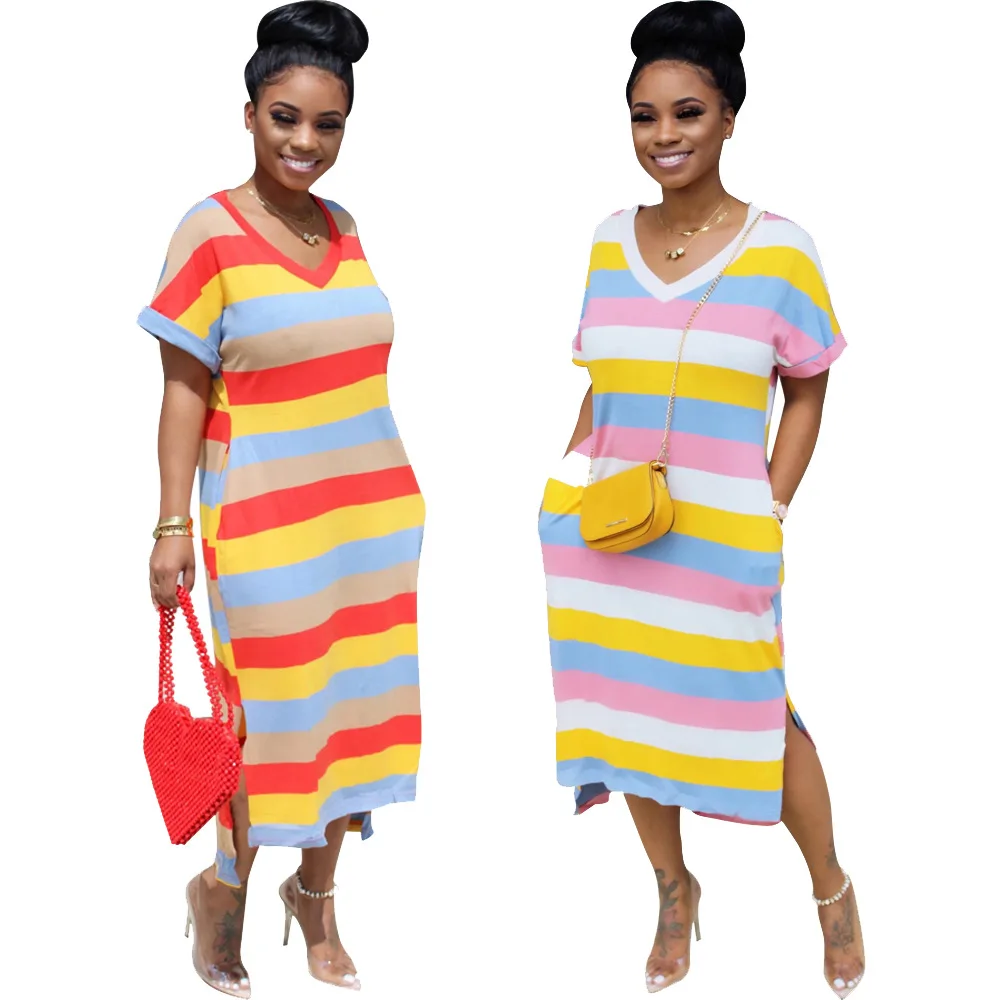 

Best Selling High Quality Women Dresses Summer Loose Cute Rainbow Stripe Ladies Casual Dress, As picture