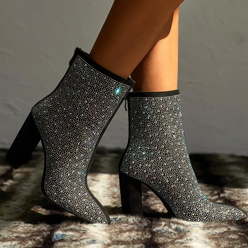 

Rhinestones High Thick Heels Ankle Women Boots Zip Pointed Toe Shoes Women Shining Sexy Chelsea Boots For Female Plus Size