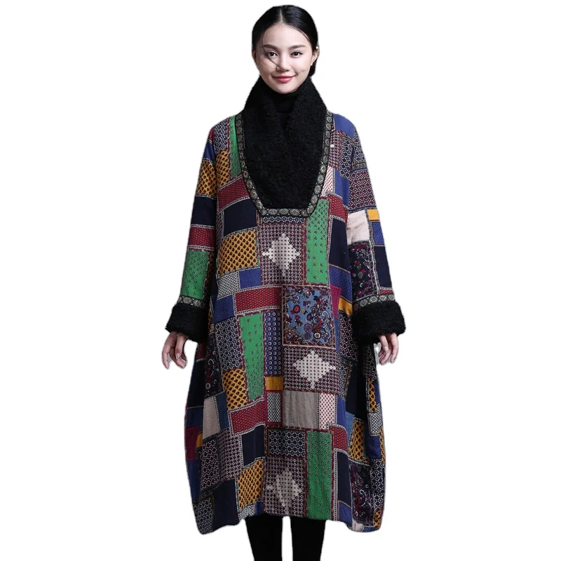 

Retro Chinese national style autumn winter Clothing women Long robe Ethnic heavy Cotton padded large Coat cotton warm jacket, As the pictures