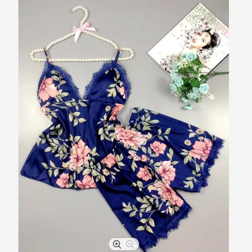 

YJC0071 women's pajamas sexy lingerie pajamas adult female silk set suits silk sleeping 2PCs floral print sleepwear dropship, Black,white,red,purple,pink,green,yellow...